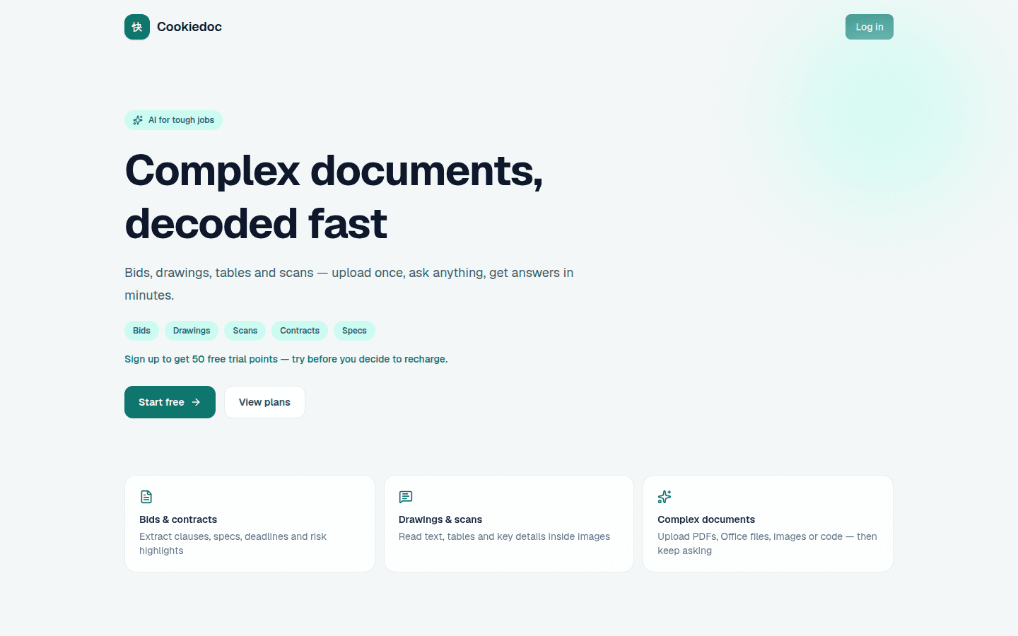 Cookiedoc English homepage showing AI document analysis and text, image, bid and drawing use cases